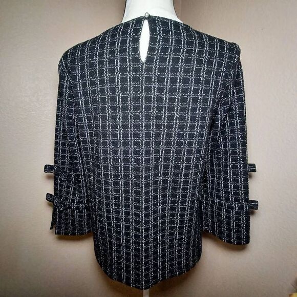 Karl Lagerfield Paris Windowpane Bow 3/4 Sleeve Blouse Top Black White Size S - Picture 3 of 8